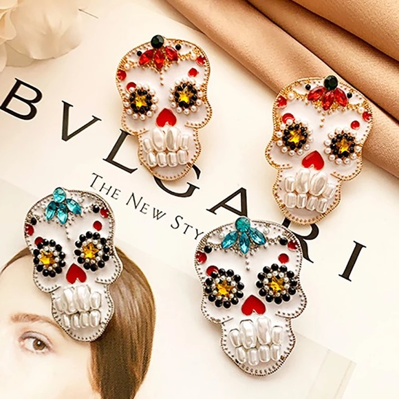 Zara Los Muertos Chunky Boho Silver Pearl Big Long Drop Scull Earrings - Picture 1 of 10